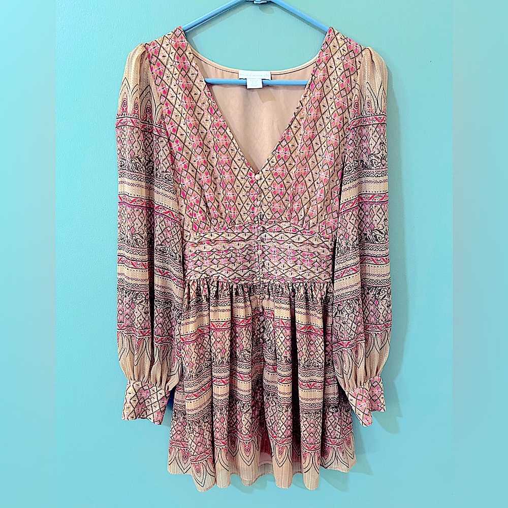 House of Harlow SHONA JOY V-Neck Metallic Shimmering Smocked Mini Dress Pink XS